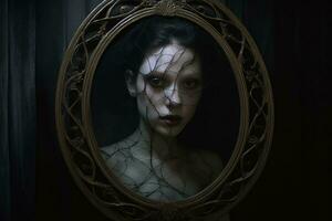 en kvinna i en spegel med en netto över henne ansikte generativ ai foto