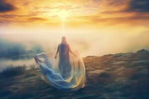 en kvinna i en lång vit klänning stående på en kulle med de Sol Bakom henne generativ ai foto