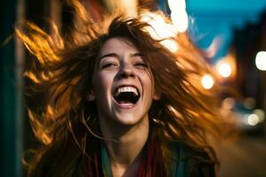 en kvinna skrattande i de gata med henne hår blåser i de vind generativ ai foto