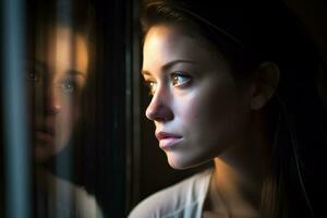en kvinna ser ut en fönster på natt generativ ai foto