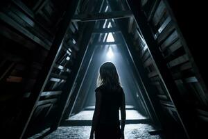 en kvinna stående i en mörk tunnel med ljus kommande från de tak generativ ai foto