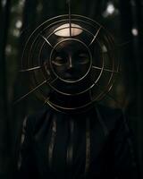 en kvinna bär en svart mask med en metall bur runt om henne huvud generativ ai foto