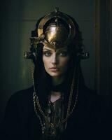 en kvinna bär en guld och svart huvudstycke generativ ai foto
