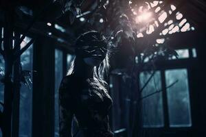 en kvinna bär en mask i en mörk rum generativ ai foto