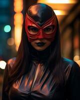 en kvinna bär en röd och svart mask generativ ai foto