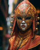 en kvinna bär ett utveckla mask på de gata generativ ai foto