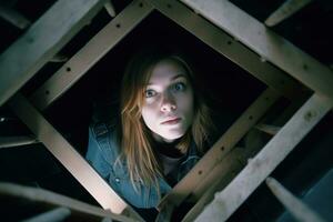 en ung kvinna är ser upp från inuti av en trä- strukturera generativ ai foto