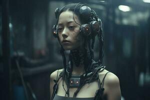 ett asiatisk kvinna i en cyberpunk miljö generativ ai foto