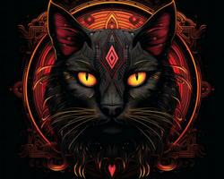 ett illustration av en svart katt med röd ögon generativ ai foto