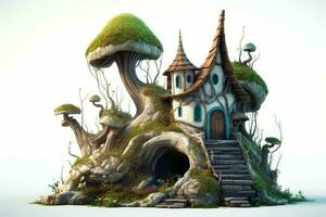 ett illustration av en fe- hus med svamp och träd generativ ai foto