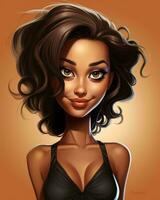 ett illustration av en kvinna med brun hår och stor ögon generativ ai foto
