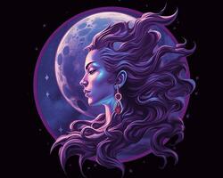 ett illustration av en kvinna med lång hår och en måne i de bakgrund generativ ai foto