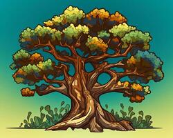 ett illustration av ett gammal träd i en tecknad serie stil generativ ai foto