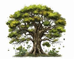 ett illustration av ett gammal träd med löv generativ ai foto