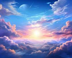 ett illustration av moln och de Sol i de himmel generativ ai foto