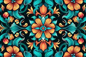 sömlös blommig mönster med orange och blå blommor på en svart bakgrund generativ ai foto