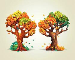 två tecknad serie träd med löv faller från dem generativ ai foto
