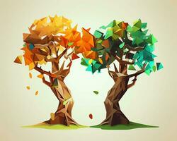 två träd är visad i en låg polygonal stil generativ ai foto