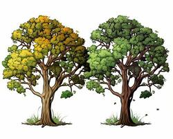 två träd med löv i annorlunda färger ett grön och ett gul generativ ai foto