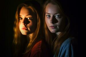 två ung kvinnor ser på de kamera i de mörk generativ ai foto