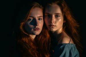 två ung kvinnor med röd hår Framställ för de kamera generativ ai foto