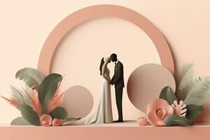 bröllop papper Skära ut av en brud och brudgum omgiven förbi blommor och löv generativ ai foto