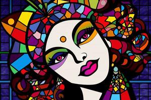 colorfully segmenterad färgade glas kvinna porträtt konstverk grafisk illustration bakgrund generativ ai foto