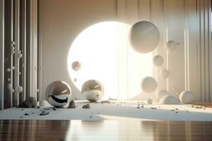 3d framställa minimalistisk elegant rum med klot och glansig reflektioner bakgrund generativ ai foto