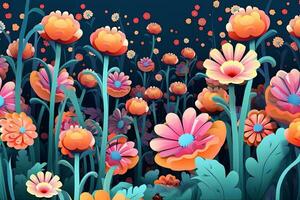 färgrik vibrerande hand dragen unik blommor grafisk illustration bakgrund generativ ai foto