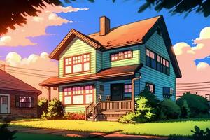 färgade teckning av en sommar förorts hus generativ ai foto