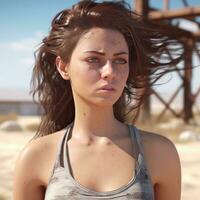 hyper realistisk 3d framställa av ett attraktiv kvinna på en sommar strand generativ ai foto