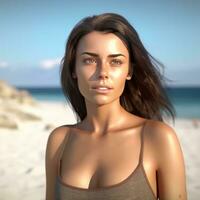 hyper realistisk 3d framställa av ett attraktiv kvinna på en sommar strand generativ ai foto