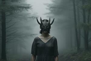 maskerad mystisk kvinna i en skog generativ ai foto