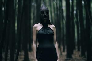 maskerad mystisk kvinna i en skog generativ ai foto