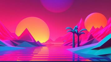 neon tropisk synthwave tema 3d abstrakt bakgrund generativ ai foto