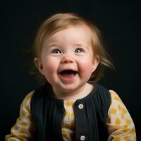 en bebis skrattande i främre av en svart bakgrund generativ ai foto