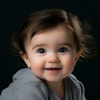 en bebis är leende i främre av en svart bakgrund generativ ai foto