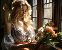en skön blond kvinna innehav en bukett av blommor förbi en fönster generativ ai foto