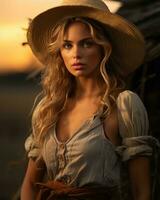 en skön blond kvinna i en hatt stående i främre av en ladugård generativ ai foto