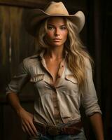 en skön blond kvinna bär en cowboy hatt generativ ai foto