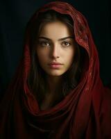 en skön kvinna i en röd sjal generativ ai foto