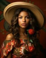 en skön kvinna i en sombrero och blommig klänning innehav en reste sig generativ ai foto