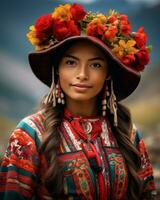 en skön kvinna i traditionell Kläder med blommor i henne hår generativ ai foto