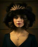 en skön kvinna bär en hatt och en halsband generativ ai foto