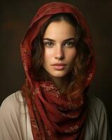 en skön kvinna bär en röd scarf generativ ai foto