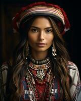 en skön kvinna bär traditionell Kläder och Smycken generativ ai foto