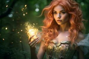 en skön kvinna med röd hår innehav en lysande klot i de skog generativ ai foto