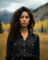 en skön ung kvinna i en fält med bergen i de bakgrund generativ ai foto