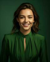 en skön ung kvinna i en grön klänning leende generativ ai foto
