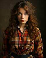 en skön ung kvinna i en pläd skjorta generativ ai foto